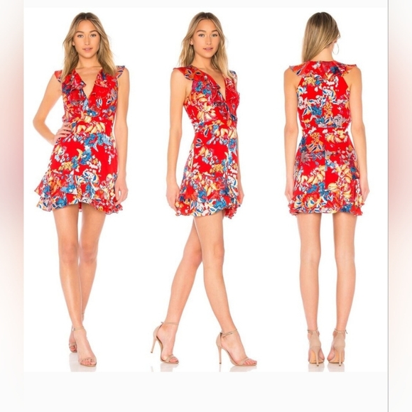 Saloni Cece Floral Print Ruffle Trim Dress in Coral  Size 4 - Picture 2 of 9